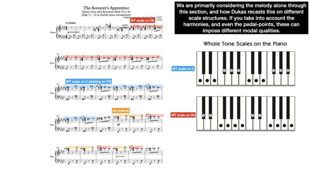 An extract from the development/middle section of Paul Dukas's The Sorcerer's Apprentice. The annotations highlight Dukas's supplanting and morphing of the Broom theme to fit onto a whole tone scale.