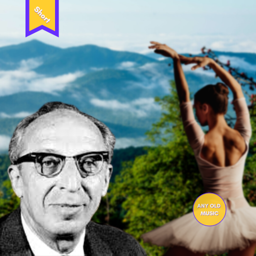 Composer Aaron Copland in the foreground of a mountain range scene, with a ballet dancer in the middle ground.