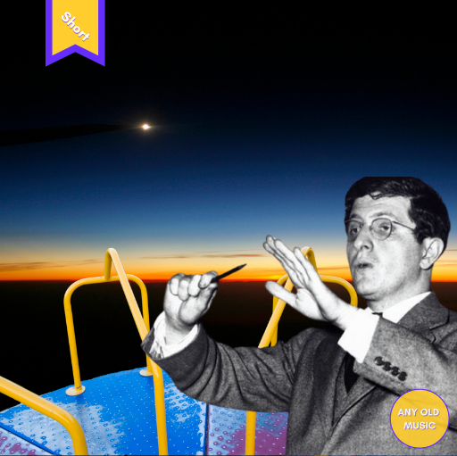 Bernard Herrmann appears to be conducting a group who are not on the picture while a merry-go-round looks out towards a twilight sky.